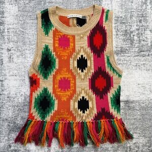 Alice & Oliva Top Womens XS Reva Peplum Tank Fringe Aztec Ikat Boho Festival